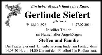 Traueranzeige von Gerlinde Siefert von Mitteldeutsche Zeitung Dessau-Roßlau