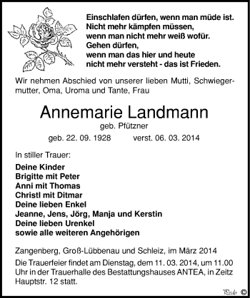 Traueranzeige von Annemarie Landmann von Mitteldeutsche Zeitung Zeitz