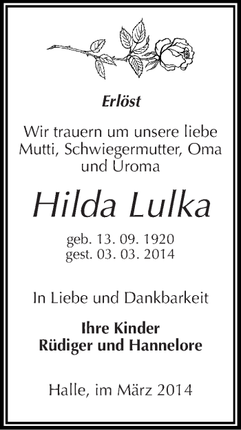 Traueranzeige von Hilda Lulka von Mitteldeutsche Zeitung Merseburg/Querfurt