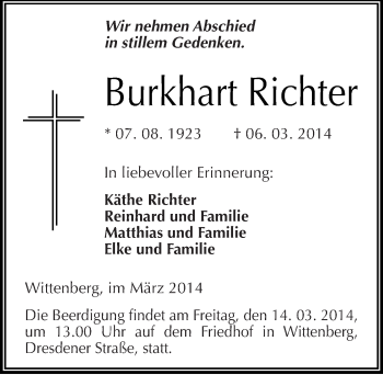Traueranzeige von Burkhart Richter von Mitteldeutsche Zeitung Wittenberg
