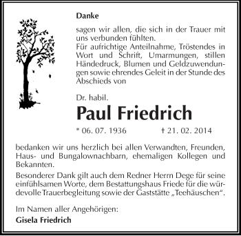 Traueranzeige von Paul Friedrich von Mitteldeutsche Zeitung Dessau-Roßlau