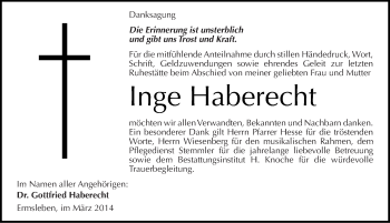 Traueranzeige von Inge Haberecht von Mitteldeutsche Zeitung