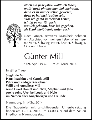 Traueranzeige von Günter Mill von Mitteldeutsche Zeitung Naumburg/Nebra