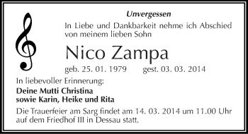 Traueranzeige von Nico Zampa von Mitteldeutsche Zeitung Dessau-Roßlau