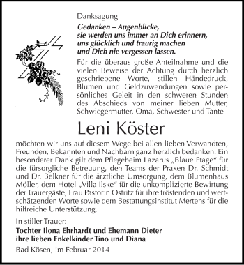 Traueranzeige von Leni Köster von Mitteldeutsche Zeitung Naumburg/Nebra