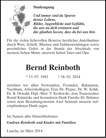 Traueranzeige von Bernd Reinboth von Mitteldeutsche Zeitung Naumburg/Nebra