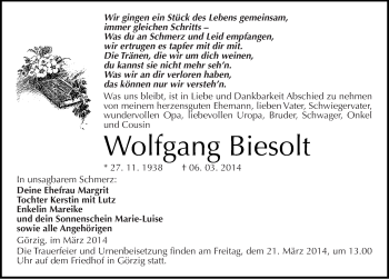 Traueranzeige von Wolfgang Biesolt von Mitteldeutsche Zeitung Köthen