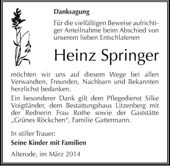 Traueranzeige von Heinz Springer von Mitteldeutsche Zeitung Mansfelder Land