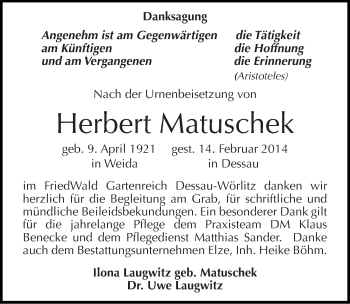 Traueranzeige von Herbert Matuschek von Mitteldeutsche Zeitung Dessau-Roßlau