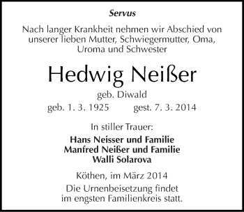 Traueranzeige von Hedwig Neißer von Mitteldeutsche Zeitung Köthen