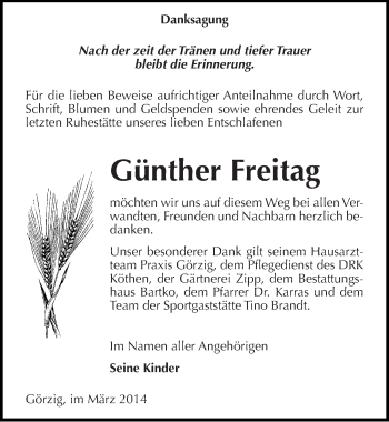 Traueranzeige von Günther Freitag von Mitteldeutsche Zeitung Köthen