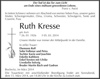 Traueranzeige von Ruth Kresse von Mitteldeutsche Zeitung Zeitz