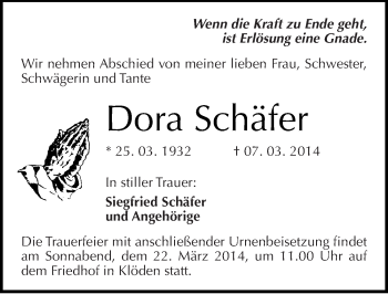 Traueranzeige von Dora Schäfer von Mitteldeutsche Zeitung Wittenberg