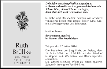 Traueranzeige von Ruth Brüllke von Mitteldeutsche Zeitung Mansfelder Land