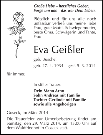 Traueranzeige von Eva Geißler von Mitteldeutsche Zeitung Weißenfels