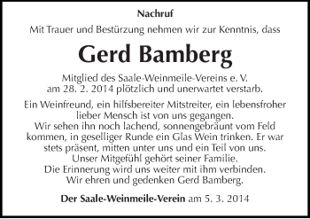 Traueranzeige von Gerd Bamberg von Mitteldeutsche Zeitung Naumburg/Nebra