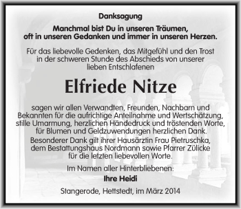 Traueranzeige von Elfriede Nitze von Mitteldeutsche Zeitung Mansfelder Land
