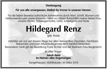 Traueranzeige von Hildegard Renz von Mitteldeutsche Zeitung Sangerhausen