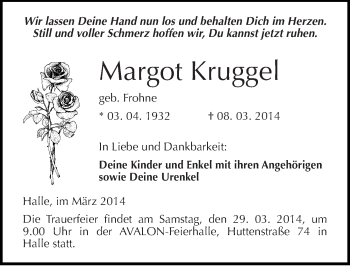 Traueranzeige von Margot Kruggel von Mitteldeutsche Zeitung Halle/Saalkreis