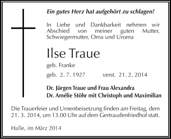 Traueranzeige von Ilse Traue von Mitteldeutsche Zeitung Halle/Saalkreis