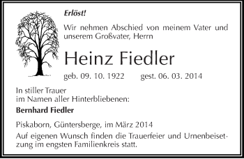 Traueranzeige von Heinz Fiedler von Mitteldeutsche Zeitung Mansfelder Land
