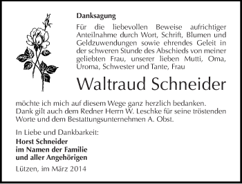 Traueranzeige von Waltraud Schneider von Mitteldeutsche Zeitung Weißenfels
