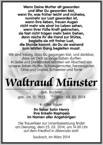 Traueranzeige von Waftraud Münster von Mitteldeutsche Zeitung Naumburg/Nebra