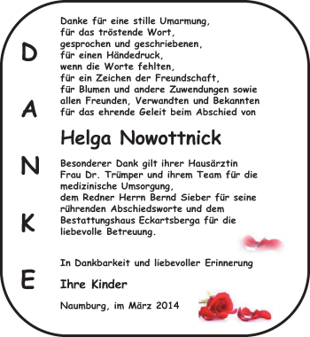 Traueranzeige von Helga Nowottnick von Mitteldeutsche Zeitung Naumburg/Nebra