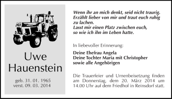 Traueranzeige von Uwe Hauenstein von Mitteldeutsche Zeitung Köthen