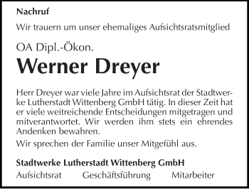 Traueranzeige von Werner Dreyer von Mitteldeutsche Zeitung Wittenberg