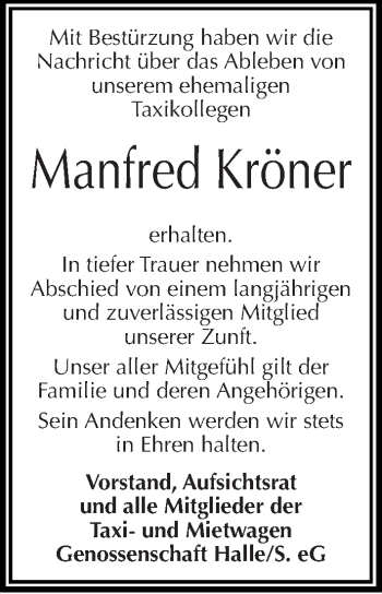 Traueranzeige von Manfred Kröner von Mitteldeutsche Zeitung Halle/Saalkreis