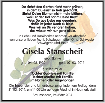 Traueranzeige von Gisela Stanscheit von Mitteldeutsche Zeitung