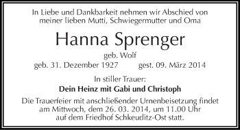 Traueranzeige von Hanna Sprenger von Mitteldeutsche Zeitung Merseburg/Querfurt