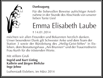 Traueranzeige von Emma Elisabeth Laube von Mitteldeutsche Zeitung Mansfelder Land