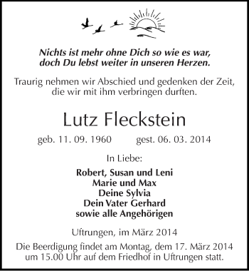 Traueranzeige von Lutz Fleckstein von Mitteldeutsche Zeitung Sangerhausen