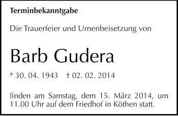 Traueranzeige von Barb Gudera von Mitteldeutsche Zeitung Köthen