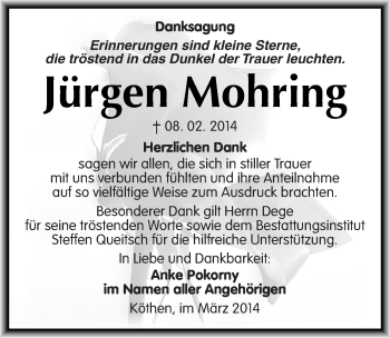 Traueranzeige von Jürgen Mohring von Mitteldeutsche Zeitung Köthen