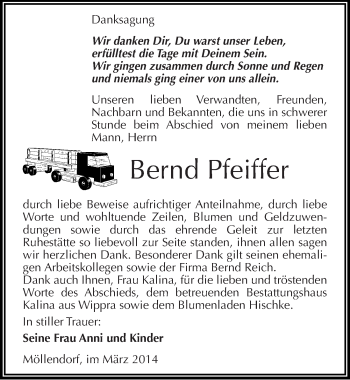Traueranzeige von Bernd Pfeiffer von Mitteldeutsche Zeitung Mansfelder Land