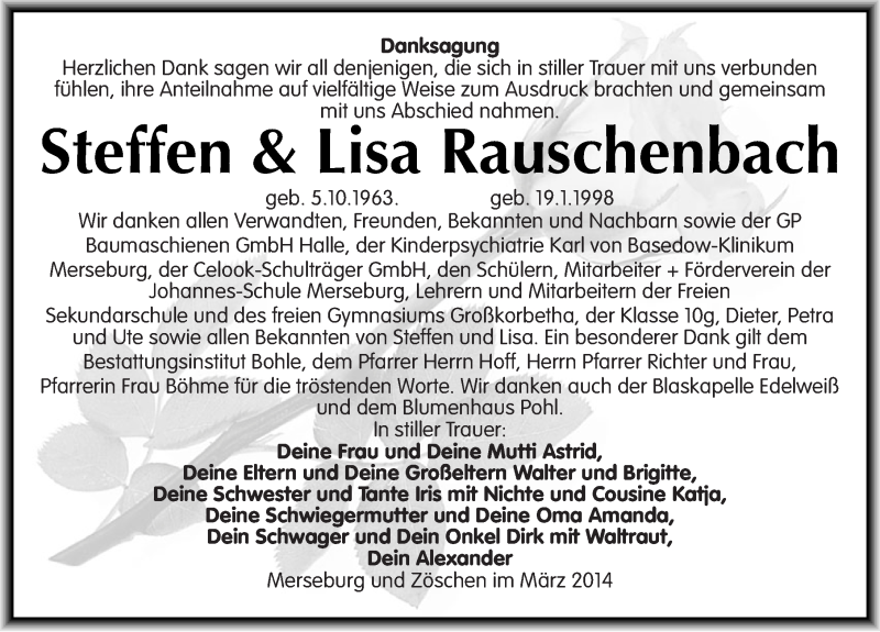  Traueranzeige für Steffen und Lisa Rauschenbach vom 13.03.2014 aus Mitteldeutsche Zeitung Merseburg/Querfurt
