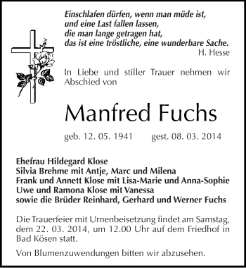Traueranzeige von Manfred Fuchs von Mitteldeutsche Zeitung Naumburg/Nebra