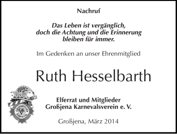 Traueranzeige von Ruth Hesselbarth von Mitteldeutsche Zeitung Naumburg/Nebra