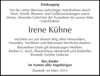 Traueranzeige von Irene Kühne von Mitteldeutsche Zeitung Sangerhausen