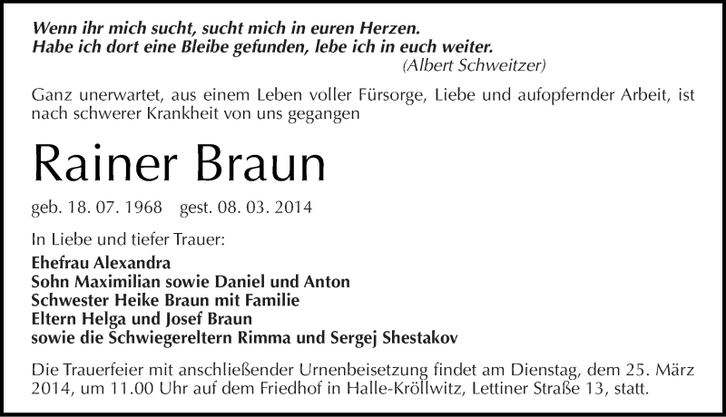  Traueranzeige für Rainer Braun vom 15.03.2014 aus Mitteldeutsche Zeitung Halle/Saalkreis