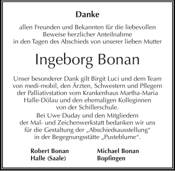 Traueranzeige von Ingeborg Bonan von Mitteldeutsche Zeitung Halle/Saalkreis