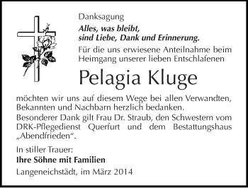 Traueranzeige von Pelagia Kluge von Mitteldeutsche Zeitung Merseburg/Querfurt