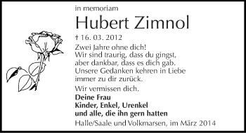 Traueranzeige von Hubert Zimnol von Mitteldeutsche Zeitung Halle/Saalkreis