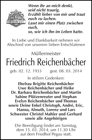 Traueranzeige von Friedrich Reichenbächer von Mitteldeutsche Zeitung Zeitz