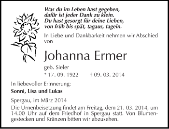 Traueranzeige von Johanna Ermer von Mitteldeutsche Zeitung Merseburg/Querfurt