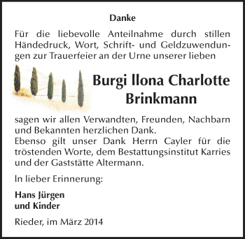 Traueranzeige von Burgi llona Charlotte Brinkmann von Mitteldeutsche Zeitung Quedlinburg
