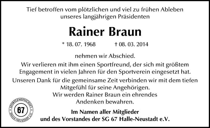  Traueranzeige für Rainer Braun vom 15.03.2014 aus Mitteldeutsche Zeitung Halle/Saalkreis
